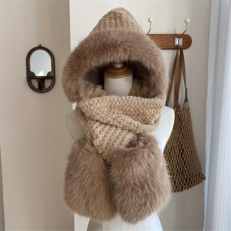 Product Introduction of Women's Faux Fur Hooded Balaclava - Polyester Knitted Winter Scarf with Ear Warmer & Toggle Closure - Thick Fleece Lined Thermal Hat for Outdoor Wind Protection 2
