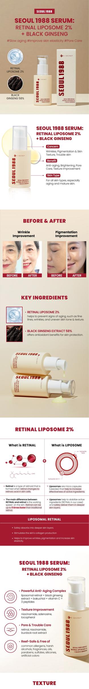 Product Introduction of KSECRET - SEOUL 1988 Serum : Retinal Liposome 2% + Black Ginseng Skincare Skin Repair Hydrate Pore Moisturizer Hydrating Comfort Moisturizing Pigmentation Moisture redness  serum 9