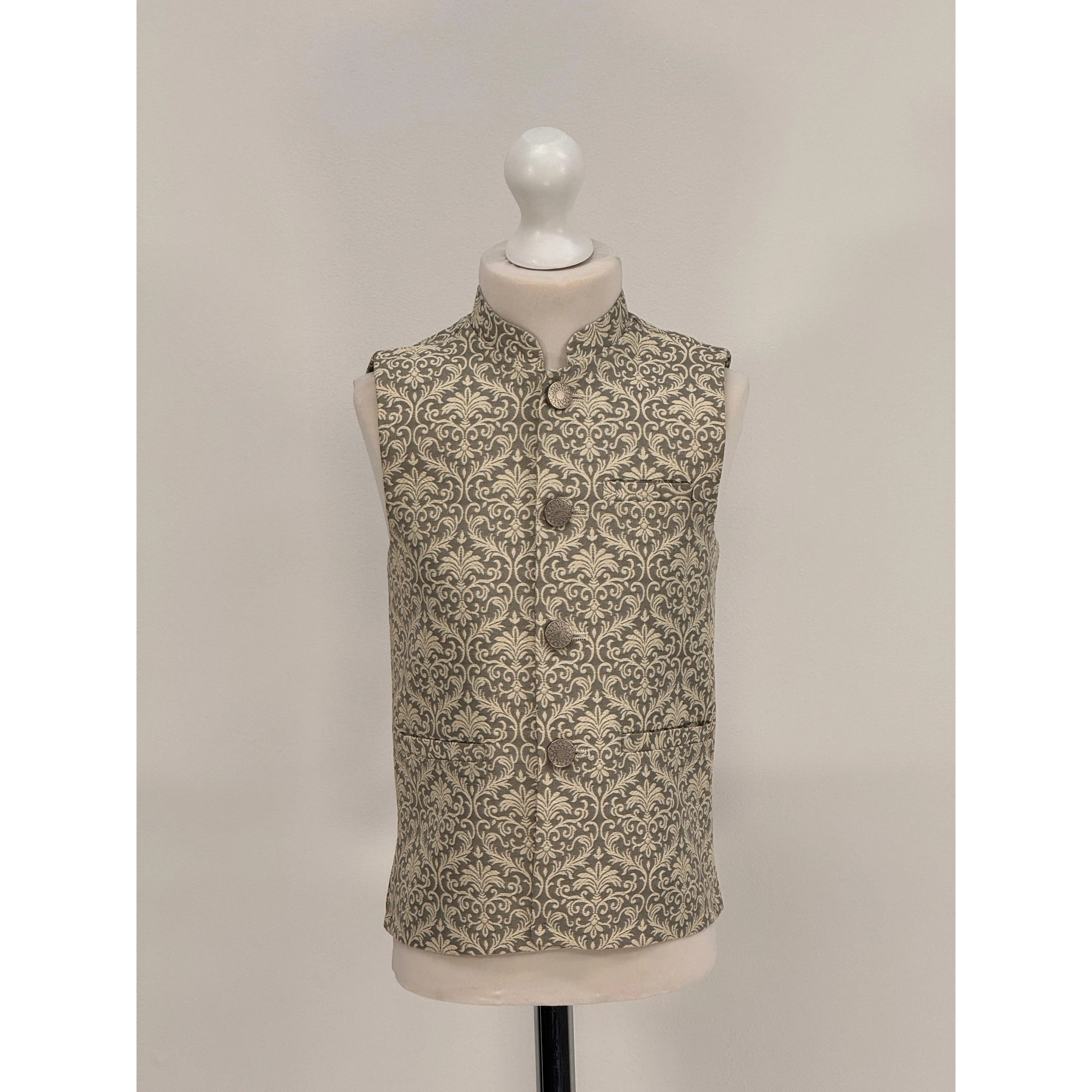 Boys Banarsi Grey Cream Waistcoat