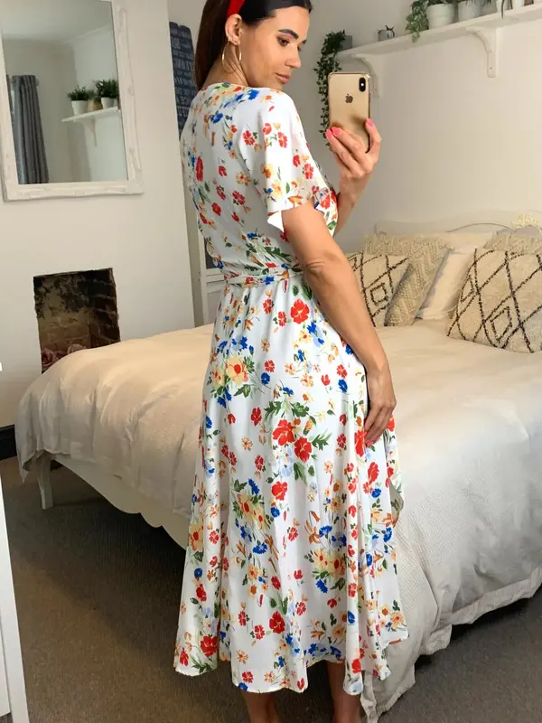 SilkFred Floral Wrap Midi Dress In White Casual Short Womenswear Feminine babydoll 4