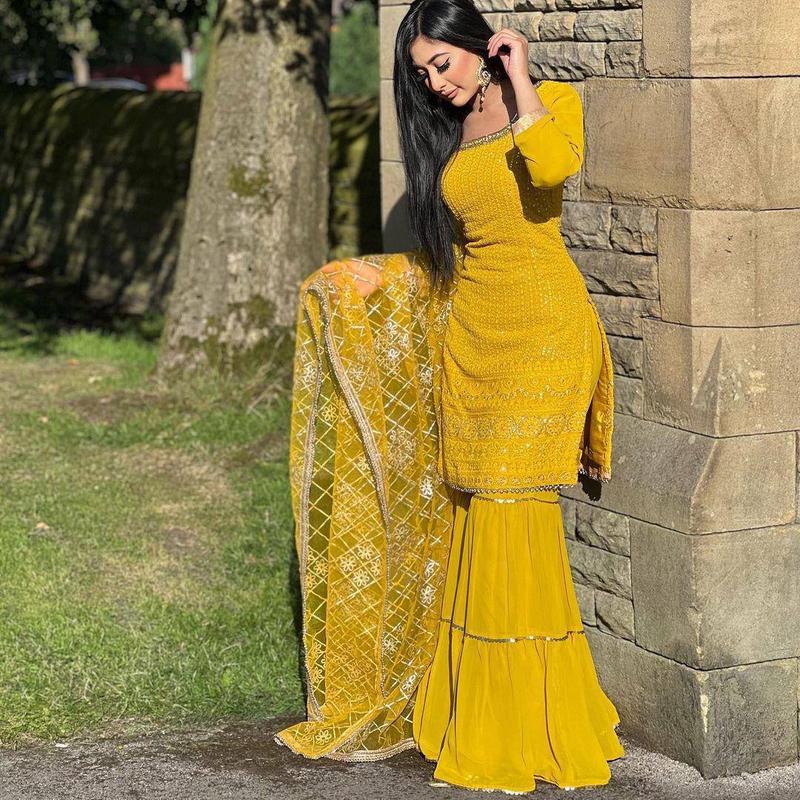 Traditional and Elegant Designer Faux Georgette Fabric Heavy Dress Plazzo with Dupatta For Women Elegance Garment 2