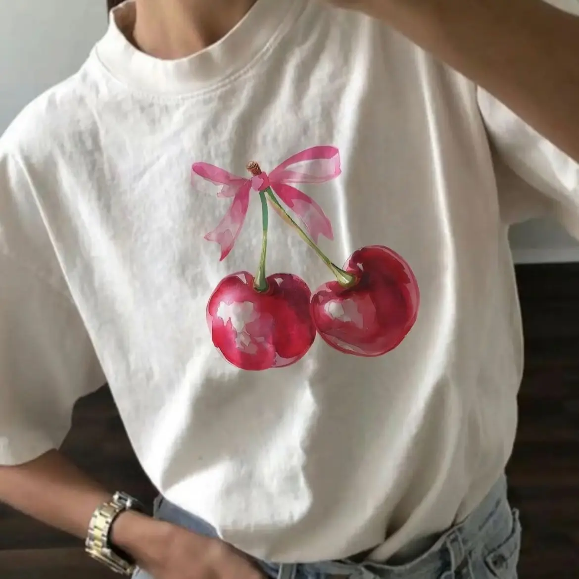 Mona Cherry Print White Tshirt - Womenswear