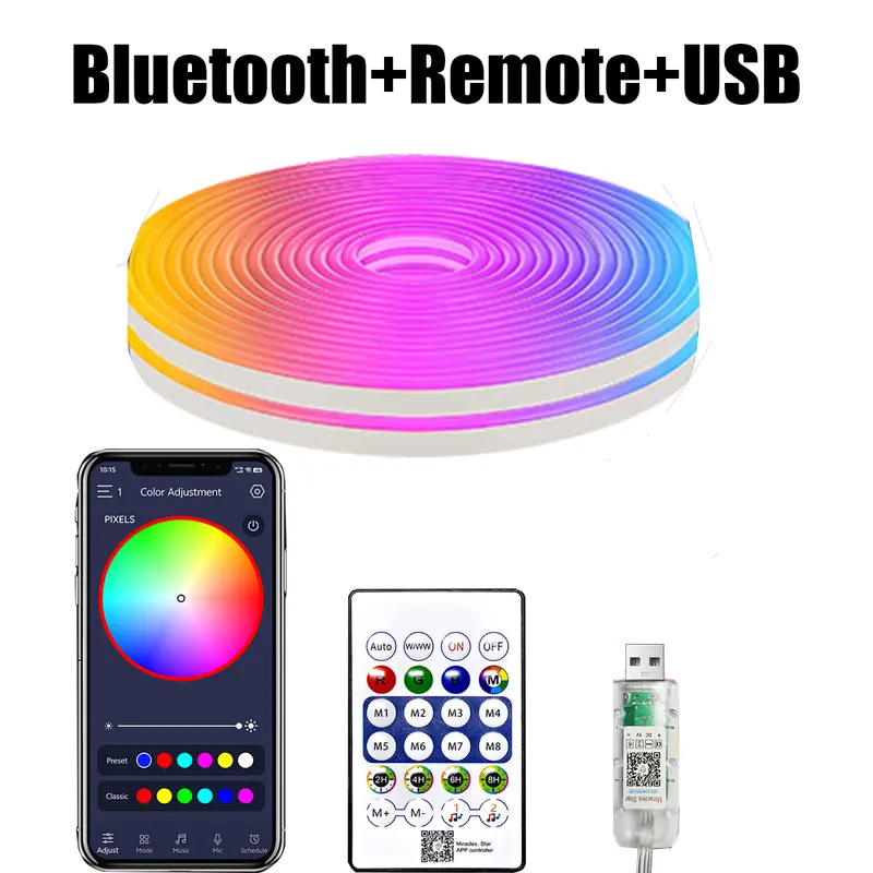 5V LED Strip Lights Bluetooth RGBIC Neon Strip Remote Control With Music Sync DIY Bedroom Home Decoration Changing Ambient Light 6