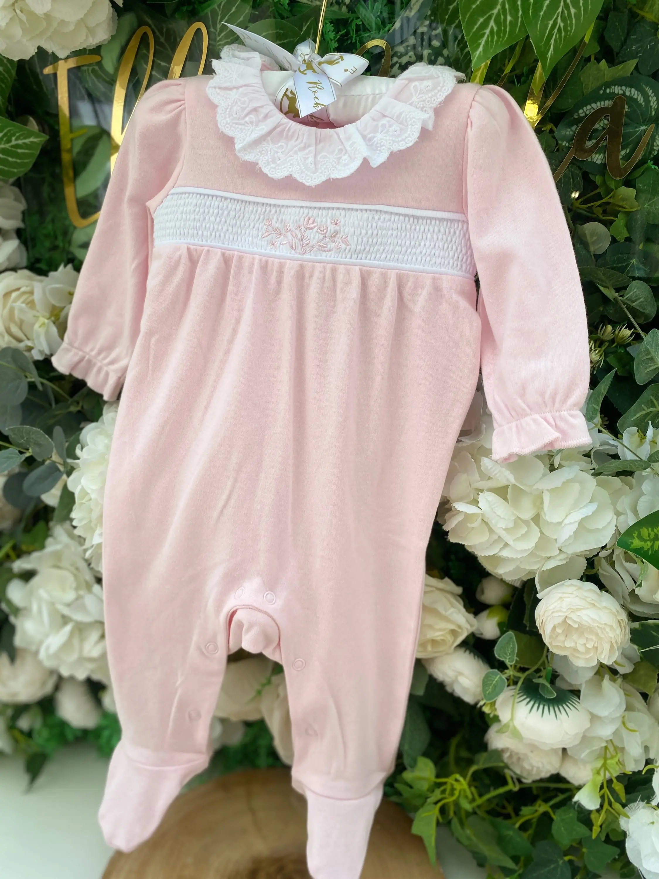Pink Cotton Baby Girls Coming Home Up To 9 Month Smocked Flower Sleepsuit - Essex Babyclothes Boutique