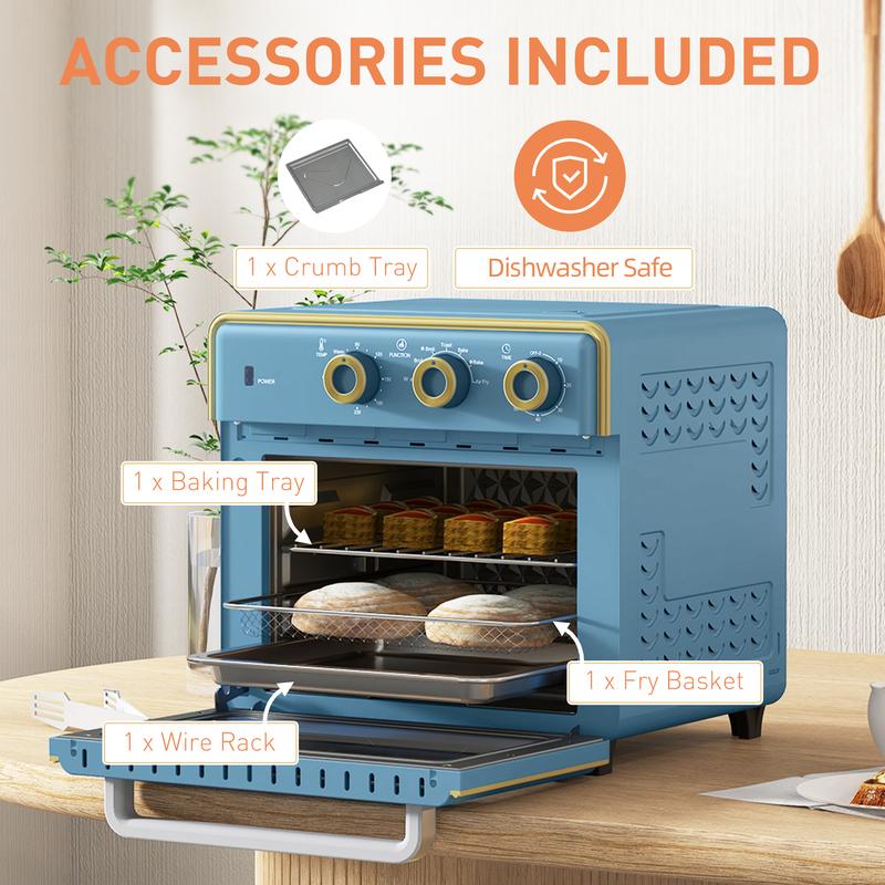 HOMCOM 20L Countertop Mini Oven, 7-in-1 Toaster Oven with Warm, Broil, Toast, Bake, Air Fryer Setting, Timer, Adjustable Thermostat, 4 Dishwasher Safe Accessories, 1400W, Blue 5