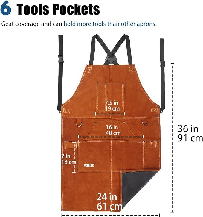Leather Woodwork Apron,  Heavy Duty Leather Apron with 6 Tool Pockets, Adjustable M to XXL Hand Retro 1