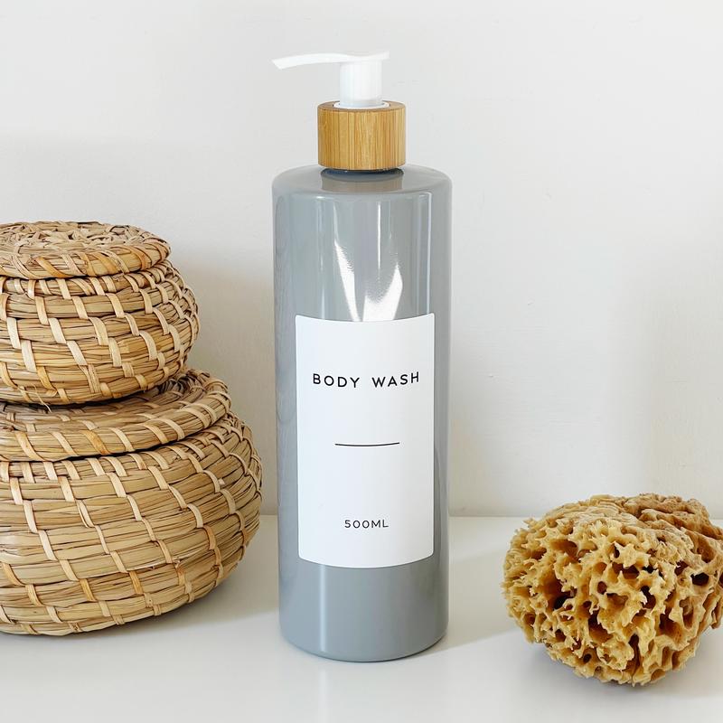 Refillable Grey Plastic Bottle With Personalised White Waterproof Minimalist Label And Black Or White Bamboo Pump - Perfect For Home, Kitchen And Bathroom Organisation - Eco Friendly And Sustainable Dispensers 4