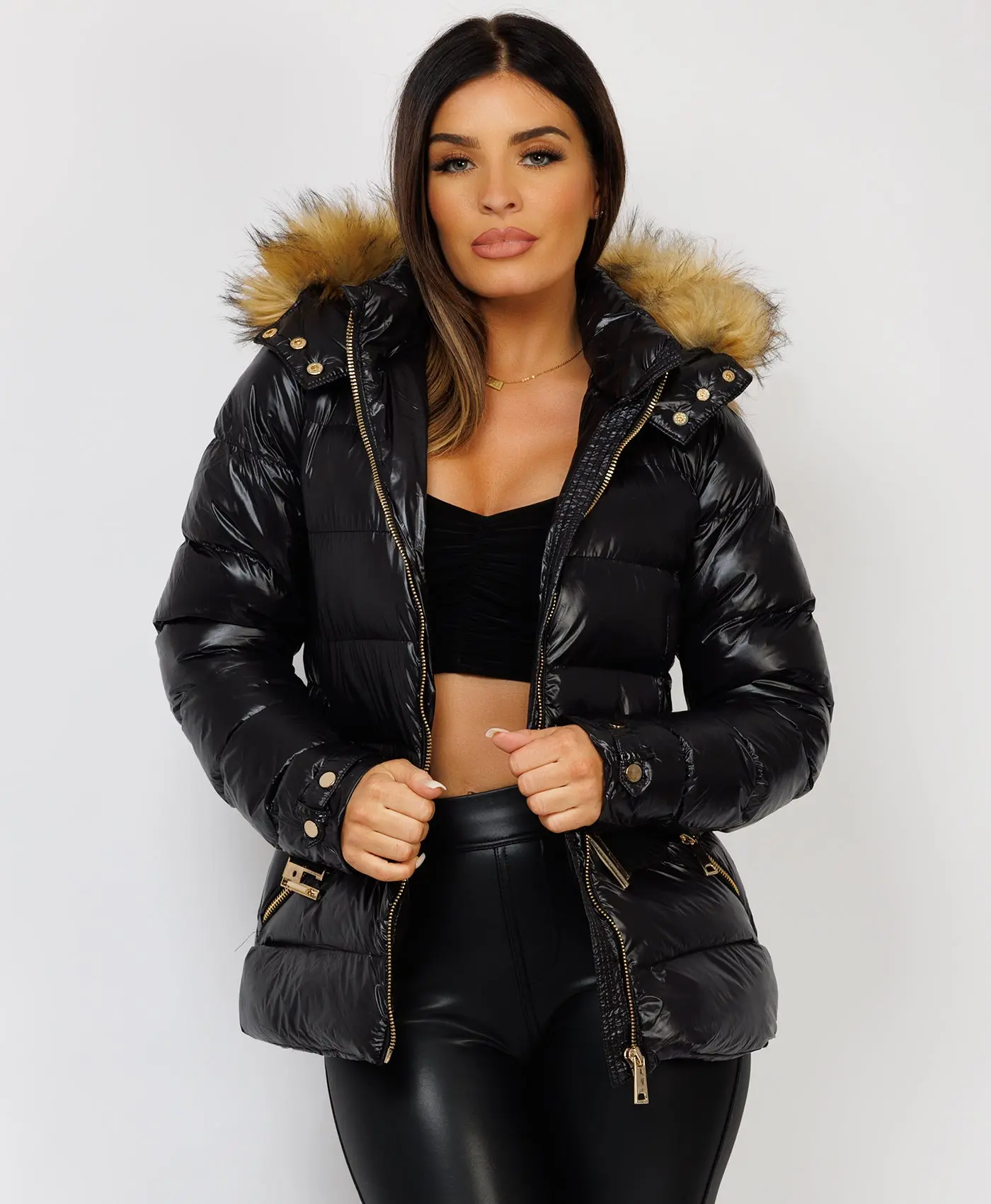 Lexi Fashion Women Ladies Shiny Wetlook Puffer Padded Quilted Zipped Adjustable Waist Belted Chunky Faux Fur Hood Weather Resistant Jacket Black UK Size