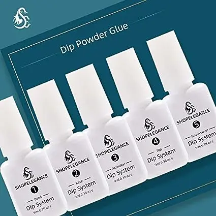 Shop Elegance Dip Powder Glue – Dip Powder Nail Kit 5, 9ML - Dip System with Base, Activator, Top, Bond and Brush Saver - No UV/LED Nail Lamp Needed.
