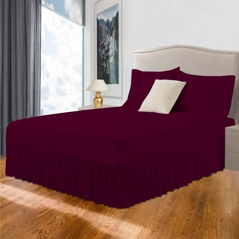 Easy Care Plain Dyed Polycotton Valance Sheet Super Soft Shrinkage Fade Resistant Frilled Valance Bed Skirts Extra Deep Fitted Valance Bed Sheets (Wine, King) 4