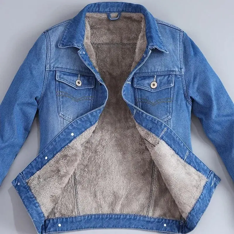 Autumn Winter Men's Velvet Cotton Denim Jacket Male Thick Warm Lined Fleece Jeans Jackets Blue Slim Jeans Coat Top Men's 2023-h 3
