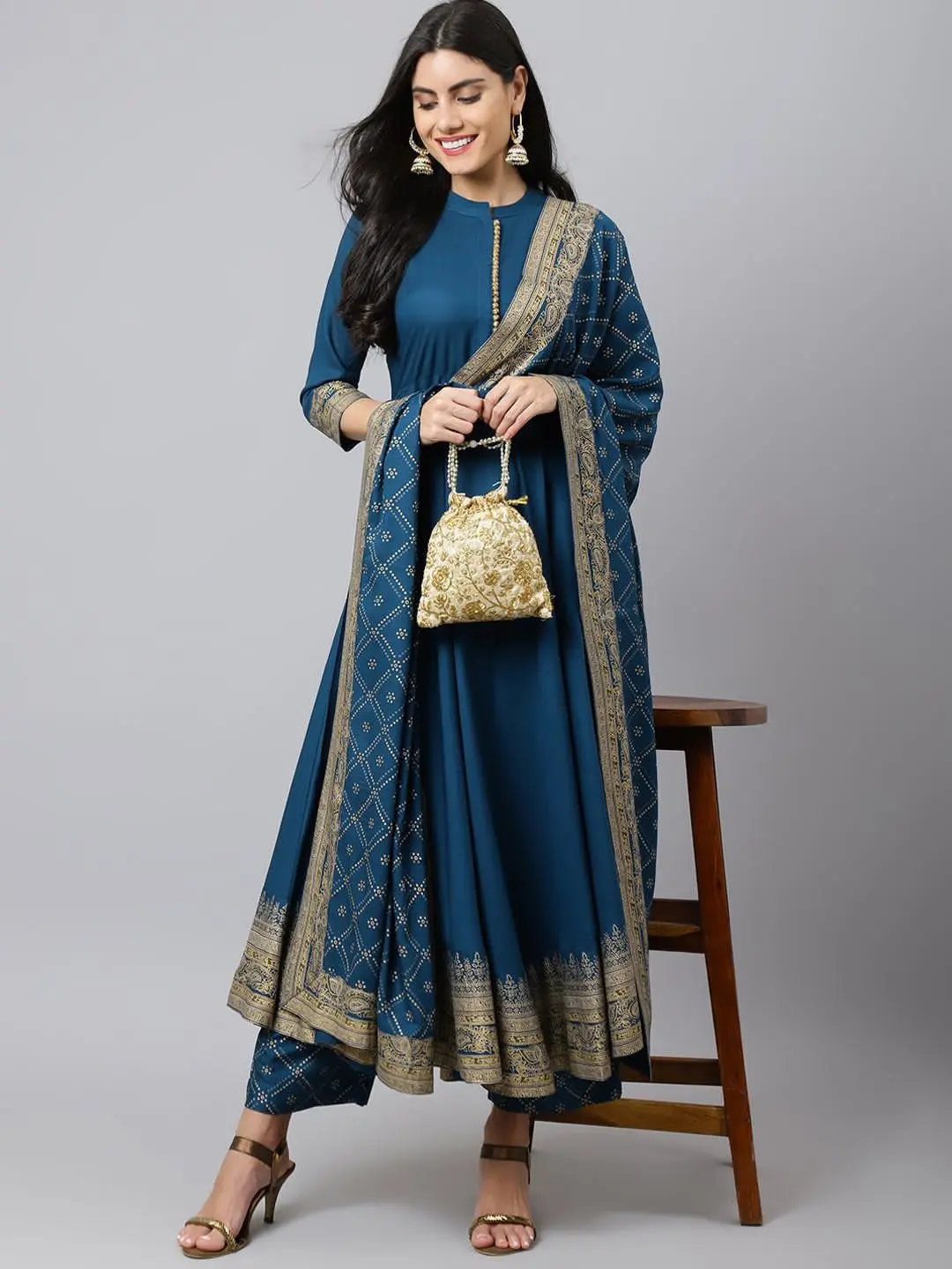 Pakistani Eid Festive Anarkali Kurta Pant and Dupatta Set For Woman Ready To Wear Navy Blue Royal Blue Black Maroon