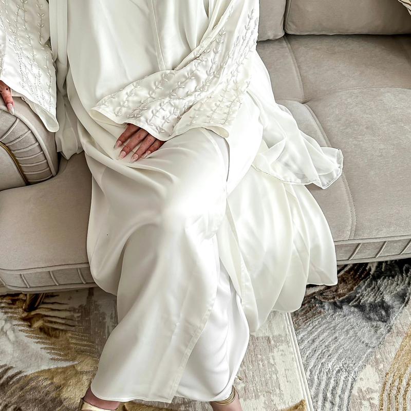 Product Introduction of HS1024 1pcs Satin Cardigan Handmade Beaded Dress Abaya 32