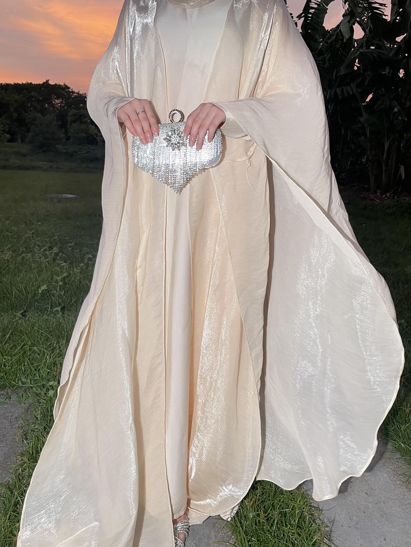Product Introduction of #LY06  Ramadan Promotion Three-piece Elegant butterfly organza abaya set, shimmer abaya set with inner dress and hijab 4