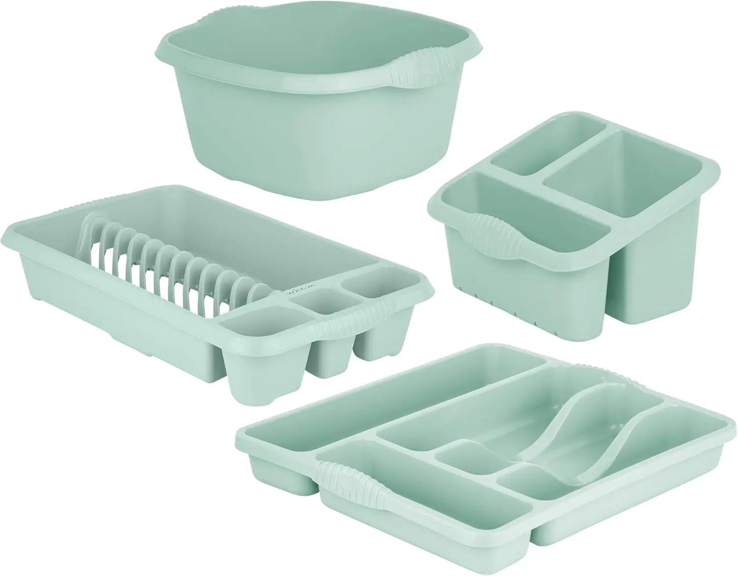 [ Set of 4 ] Plastic Medium Dish Drainer with Sink Tidy, Square Washing Up Bowl & Small Cutlery Tray-