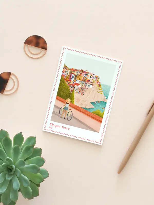 Cinque Terre travel postcard, Travel keepsake, Italy illustrated postcard, Italian postcard, Surprise trip reveal, Travel gift, Mini print 3