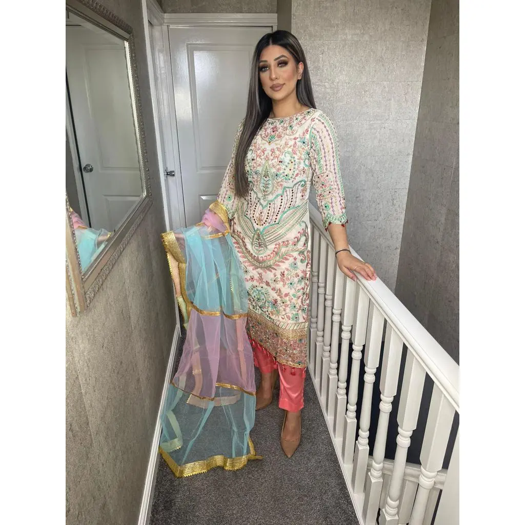 WHITE Embroidered Shalwar Kameez with chiffon duppatta fully stitched 3 piece suit with Chiffon Dupatta MOB-D5177