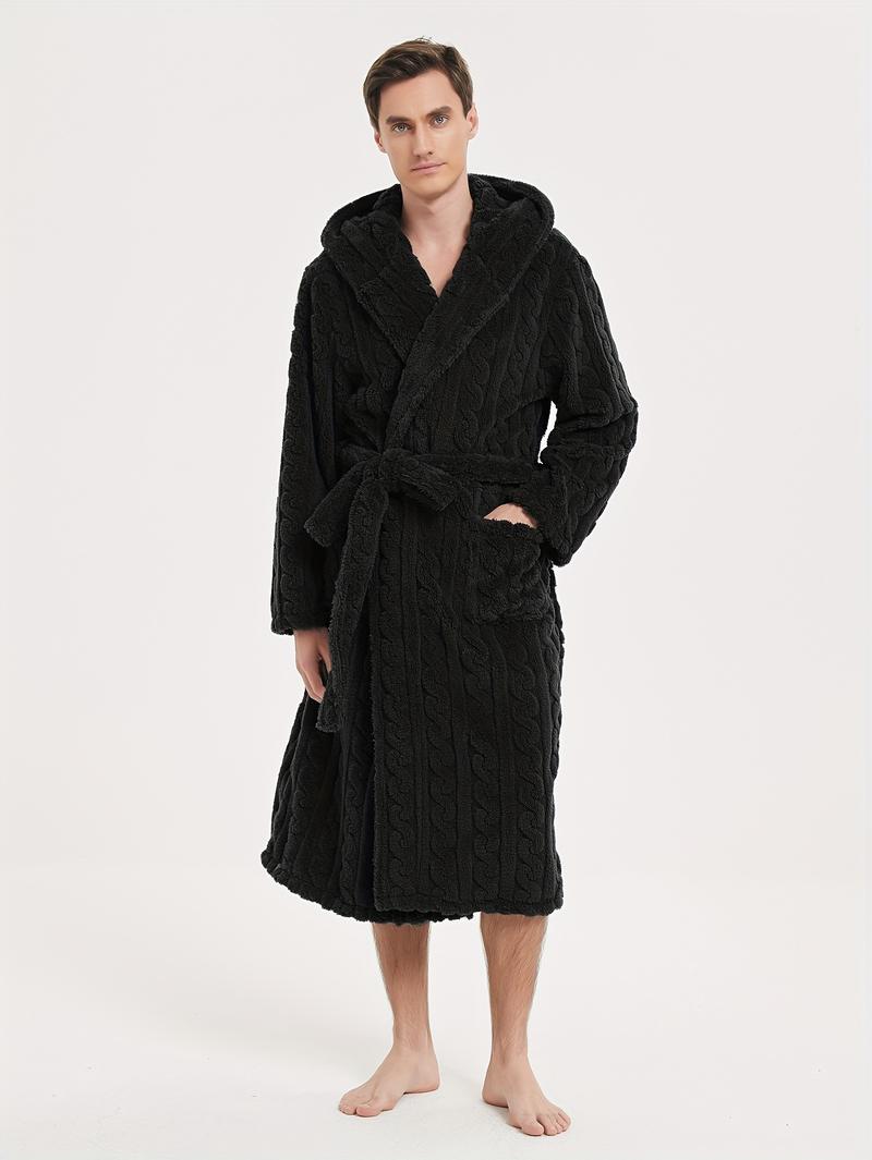 Product Introduction of Men's Comfy Solid Fleece Robe Home Hooded Pajamas Wear With Pocket & Hair Dry Hat, One-piece Lace Up Kimono Night-robe Warm Sets After Bath 2