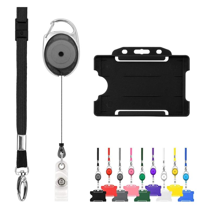 Product Introduction of Retractable Lanyard and Badge Holder Trio Triple Pack by LanyardsTomorrow - Set Includes A Single Plain Lanyard, Extendable Carabiner Yoyo Reel Clip and Rigid ID Card Holder (Black) 3