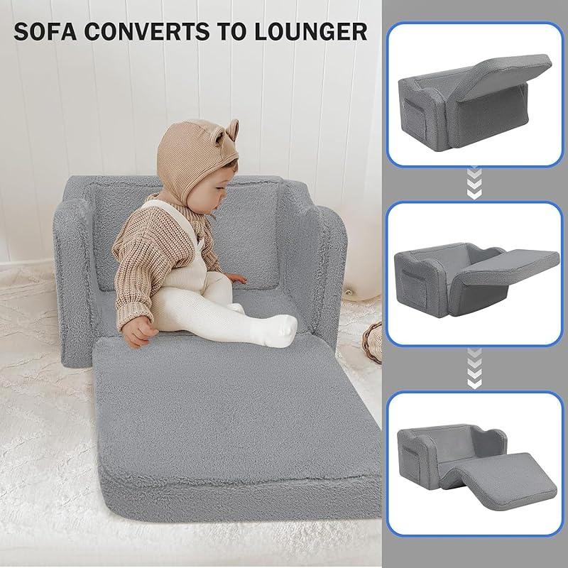 Sofa Couch, Fold Out Toddler Chair Bed, Lounger Chair to Convertible Mini Sofa for Boys Girls, Comfy Foam Child Chair Pull Out Couch for Playroom, Grey 3