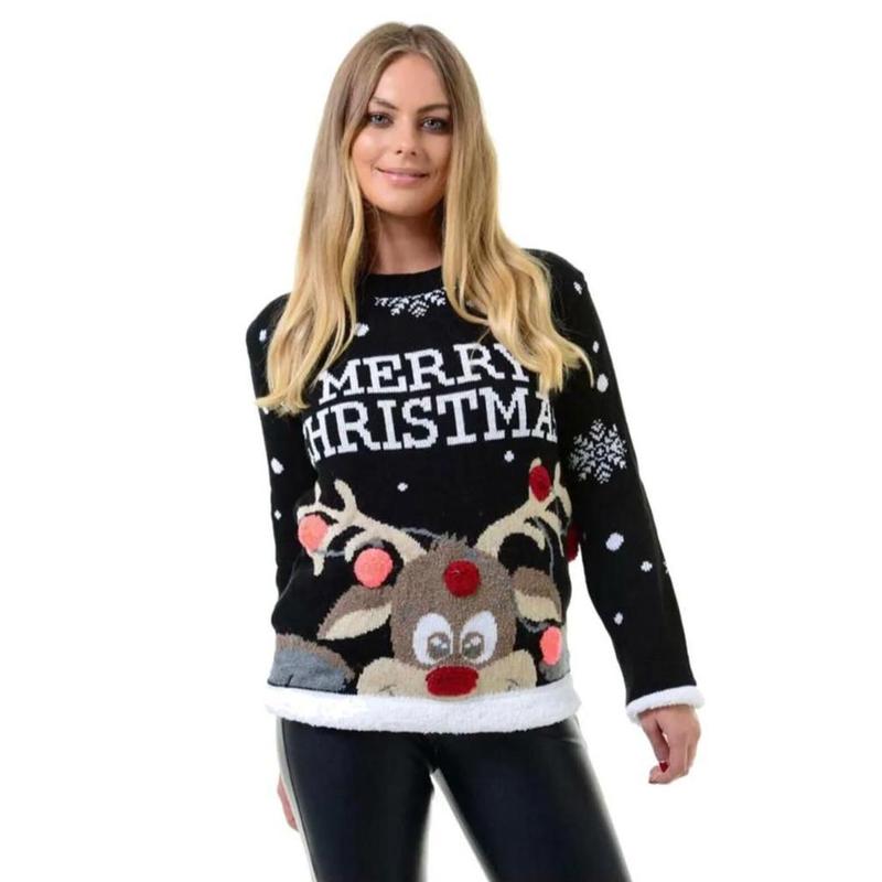 Womens Merry Christmas Print Long Sleeve Reindeer Pom Pom Jumper Sweatshirt Girls Xmas Party Wear Knitted Warm Pullover Novelty Sweater Top Knitwear 2