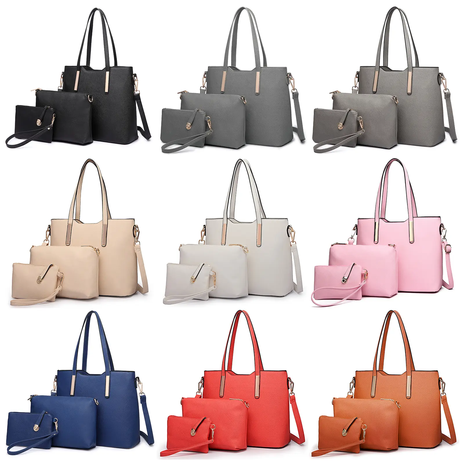 [MissLulu Bags] Three Piece Tote Shoulder Handbag and Clutch Set - Premium Quality Textured PU Leather