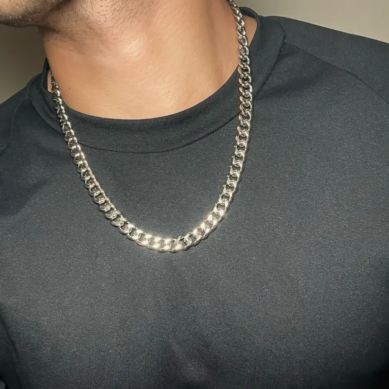 Thick and Heavy Silver Miami Cuban Chain Necklace, 18”-24”, 45cm-60cm Length, 9mm Thickness, Stainless Steel 18 inch boys curb big layering chunky 5