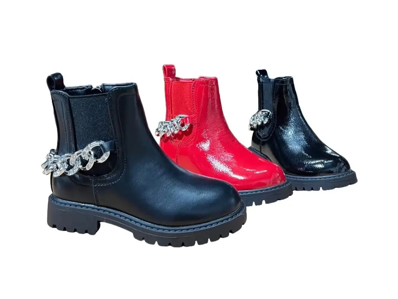 Girls Zip Up Faux Leather Winter Kids Biker Fashion Chain Combat Ankle Boots Size 8-UK2