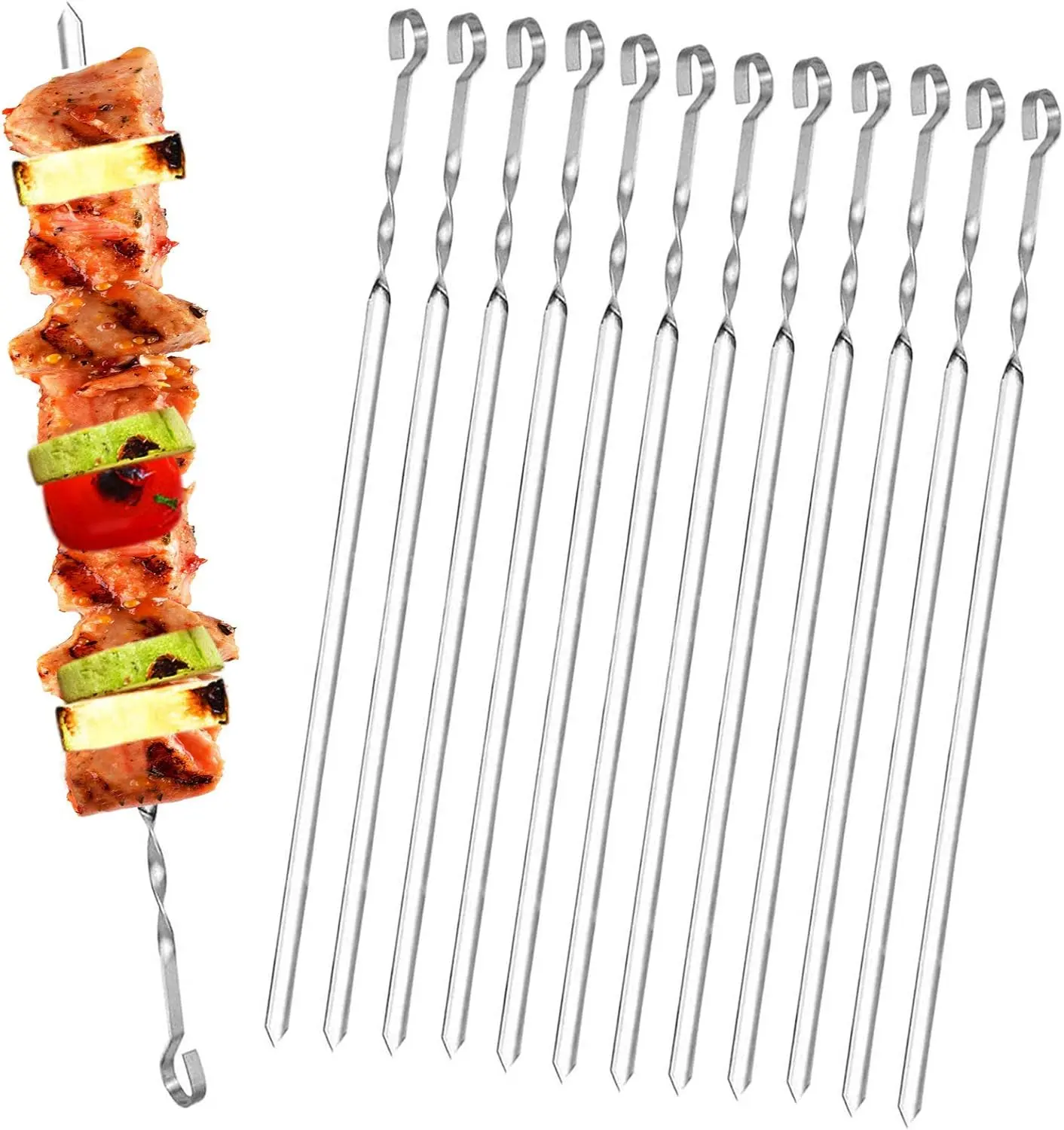 15 Inches BBQ Skewers, 20 PCS Metal Kebab Skewers Stainless Steel Set, Reusable Flat Metal Skewers, with Bag, Metal Kebab Sticks BBQ Skewers for Outdoor BBQ, Family Party, Shish Kabob Utensils Grill