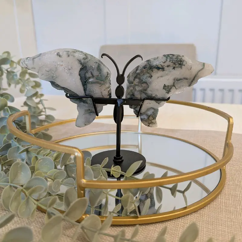 Stunning Moss Agate Butterfly Wings with Stand 2