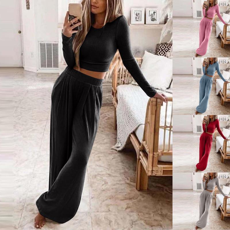 Solid Knitted Crop Top & Wide Leg Trousers Set 2