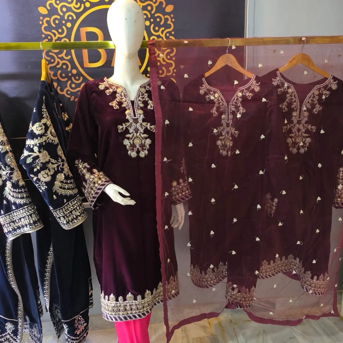 Velvet embroidery party wear suit