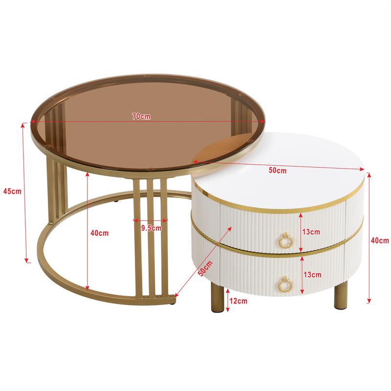 2024 High Quanlity 2-in-1 round MDF coffee table with 1 high-gloss table top and 1 side table with brown tempered glass tabletop, living room coffee table set with 2 drawers, 70*70*45 + 50*50*40 cm  Modern Furniture Coffee Table for Living Room 8