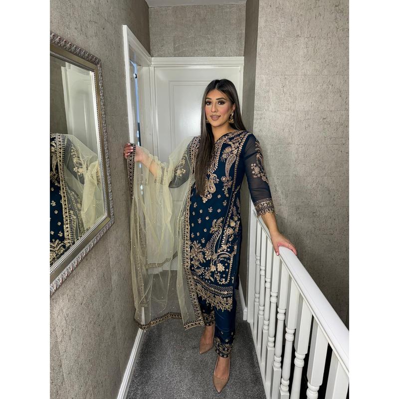 NAVY Embroidered Shalwar Kameez with Net duppatta fully stitched 3 piece suit with Net Dupatta MOB-5182B 3