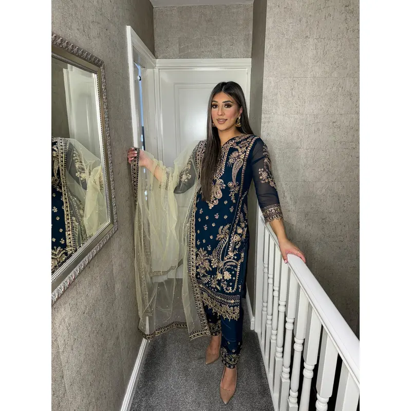 NAVY Embroidered Shalwar Kameez with Net duppatta fully stitched 3 piece suit with Net Dupatta MOB-5182B 3