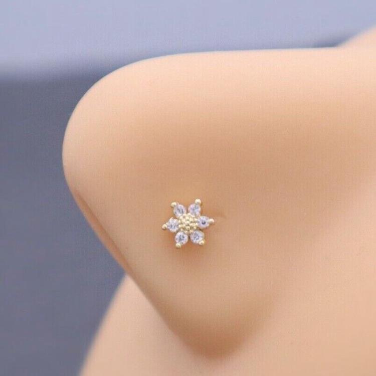 Flower 20G L-Shaped Diamond Nose Stud | Surgical Steel Crystal Nose Pin | Hypoallergenic Nose Ring Piercing | Gold or Silver | Elegant & Comfortable | Sparkling Cubic Zirconia for a Stylish Look | Perfect for Everyday Wear | Durable & Tarnish-Resistant 0