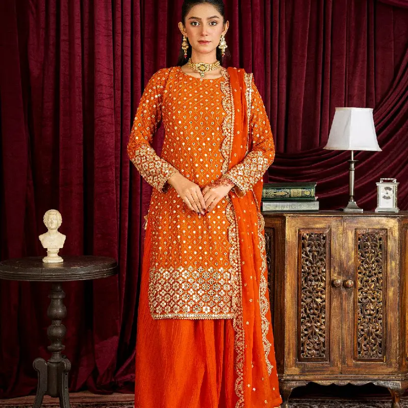 Luxury Chiffon 3pcs dressFormalwear with Heavy Embroidered Duppta and crush plazo Comfort Long Sleeve. 1