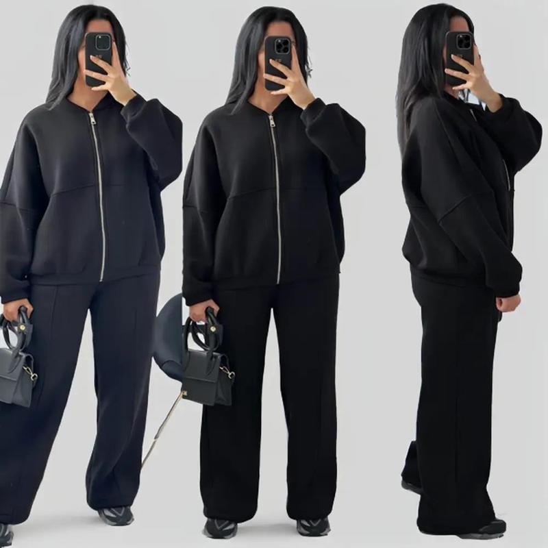 Women's Fleece Lined Oversized Zip Up Bomber Jacket And Pleated Straight Leg Pants Joggers Drawstring Trousers Two Piece Co-Ord Lounge Jogging Tracksuit Set Ladies Oversize Comfy Loungewear Womenswear Everyday Overall 1