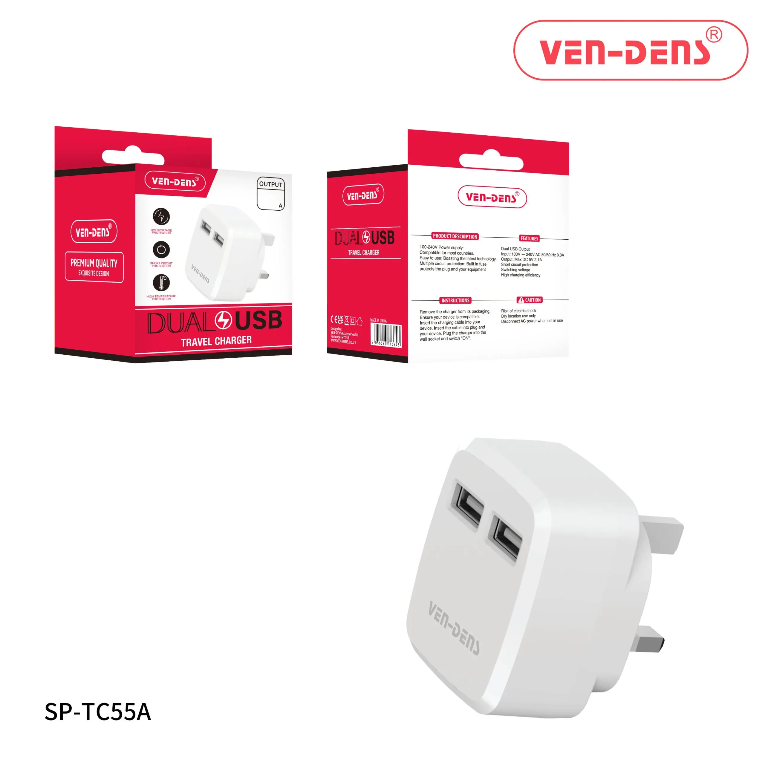 Ven Dens Dual USB Travel Fast Charger Premium Quality Exquisite Design , 100-240V Power supply Charging Plug Protection Smartphone