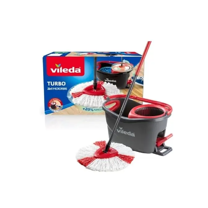 Vileda Turbo Microfibre Mop and Bucket Set, Spin Mop for Cleaning Floors, Set of 1x Mop and 1x Bucket,Grey/Red,48.5 x 27.5 x 28 cm