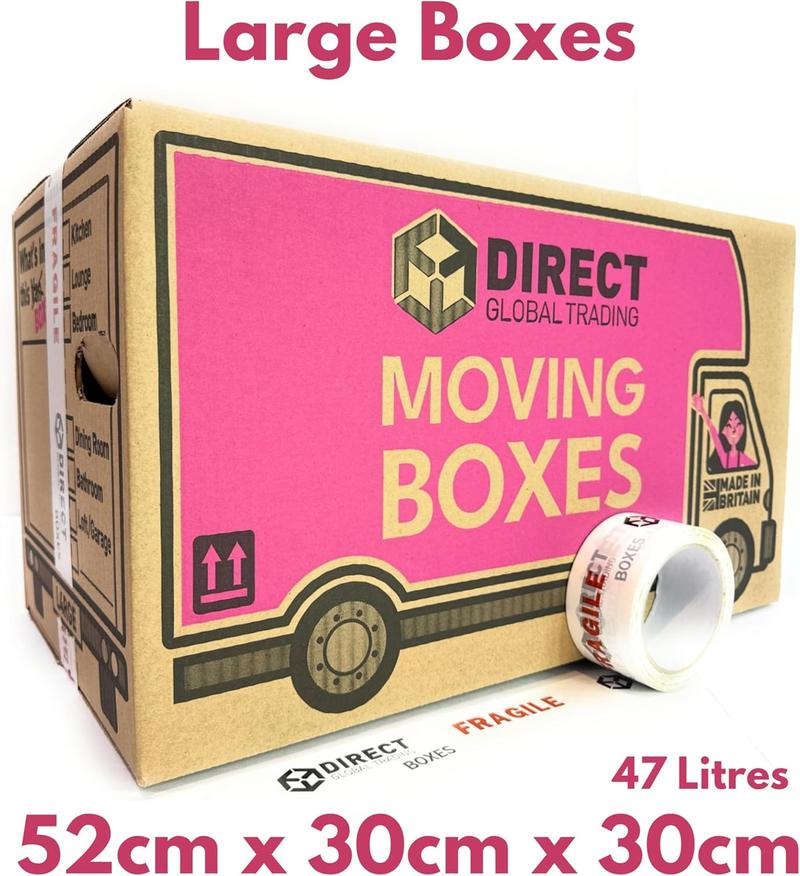 Product Introduction of 20 Strong Large Cardboard Storage Packing Moving House Boxes with Fragile Tape 52cm x 30cm x 30cm 47 Litres Carry Handles and Room List Organiser 1