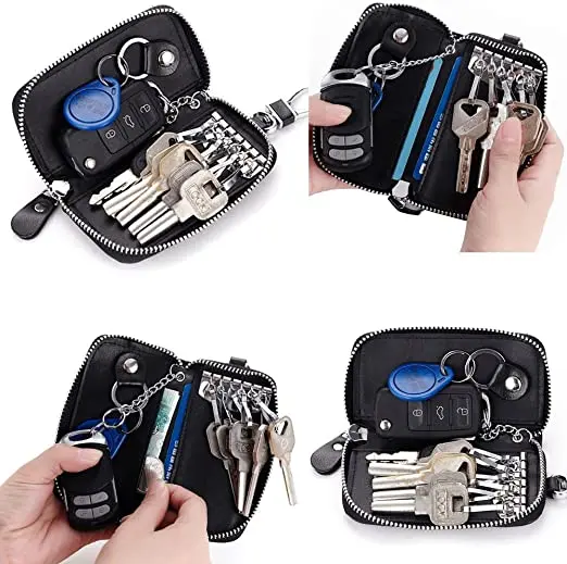 Unisex Mens Womens Premium Leather Car Key Holder Bag Keychain Case Wallet with Buckle and 6 Hooks and 1 CAR key buckle Zipper Closure Credit Card Holder