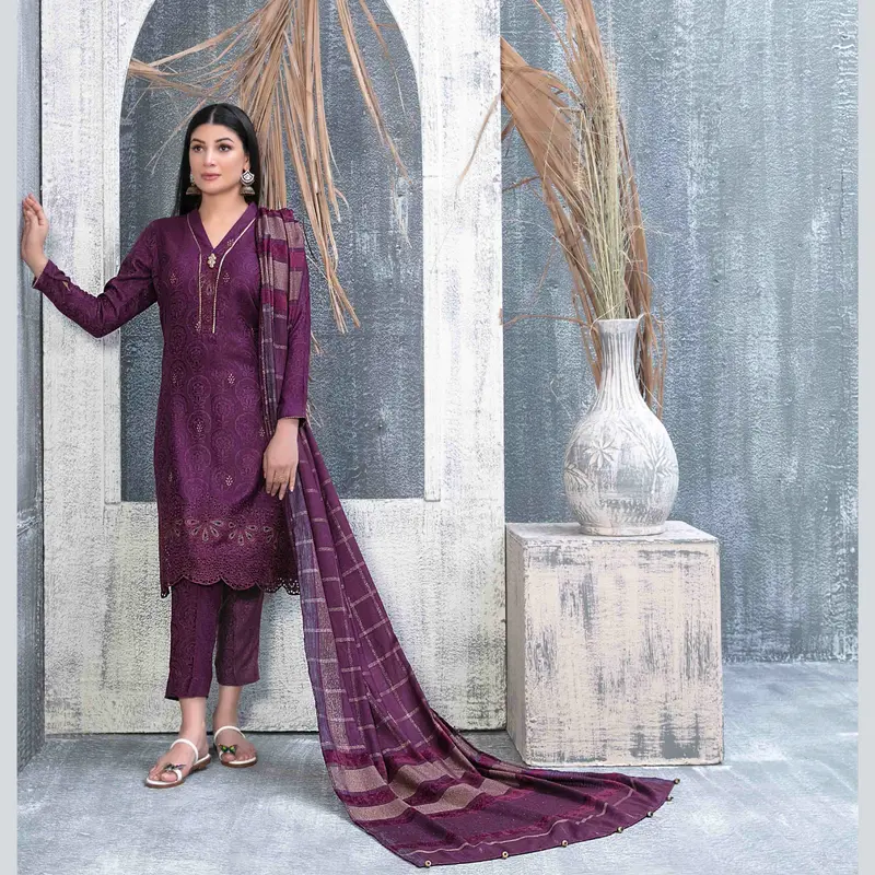 D-9841 - Dabeer by Tawakkal - Fully Stitched 3PC Embroidered Leather Peach Jacquard Collection 2