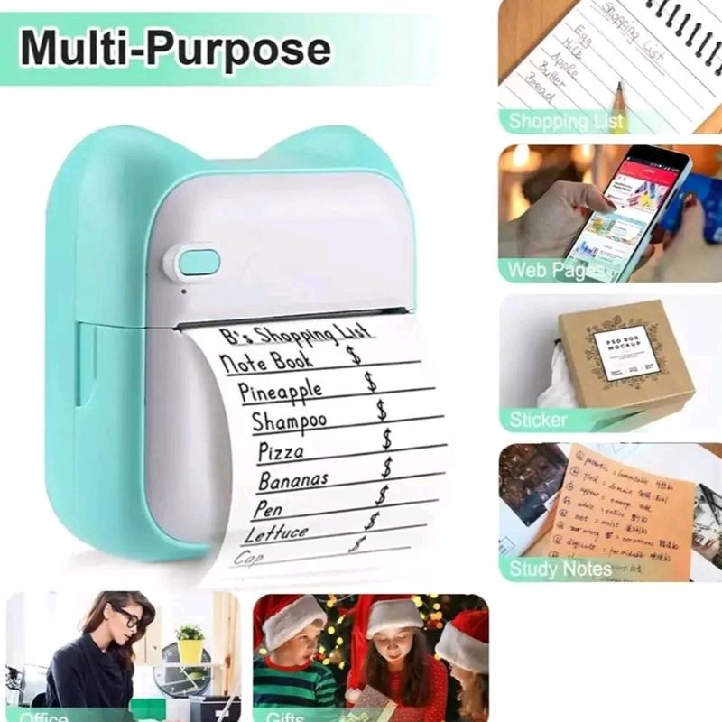 Portable Wireless Thermal printer, 1 Set Rechargeable Instant Photo Printer Peper, Mini Bluetooth Printer for home & Office, Pocket Printer, Wireless Mini Stiker Printer with 10 Rolls Thermal Paper, Portable for Notes Journal Photo Printing. 4