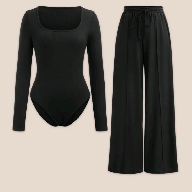 WOMENS LADIES 2 PIECE MATCHING SET CREW NECK BODYSUITS WIDE LEG TROUSERS PANTS PALAZZO SET LOUNGEWEAR LONGSLEEVES STRETCHY SOFT COMFY LADY ELASTICATED WAIST DRAWSTRING HIGH QUALITY COORD LOUNGESET COMFORT WOMENSWEAR OVERALL Basic Adjustable Comfortable 1