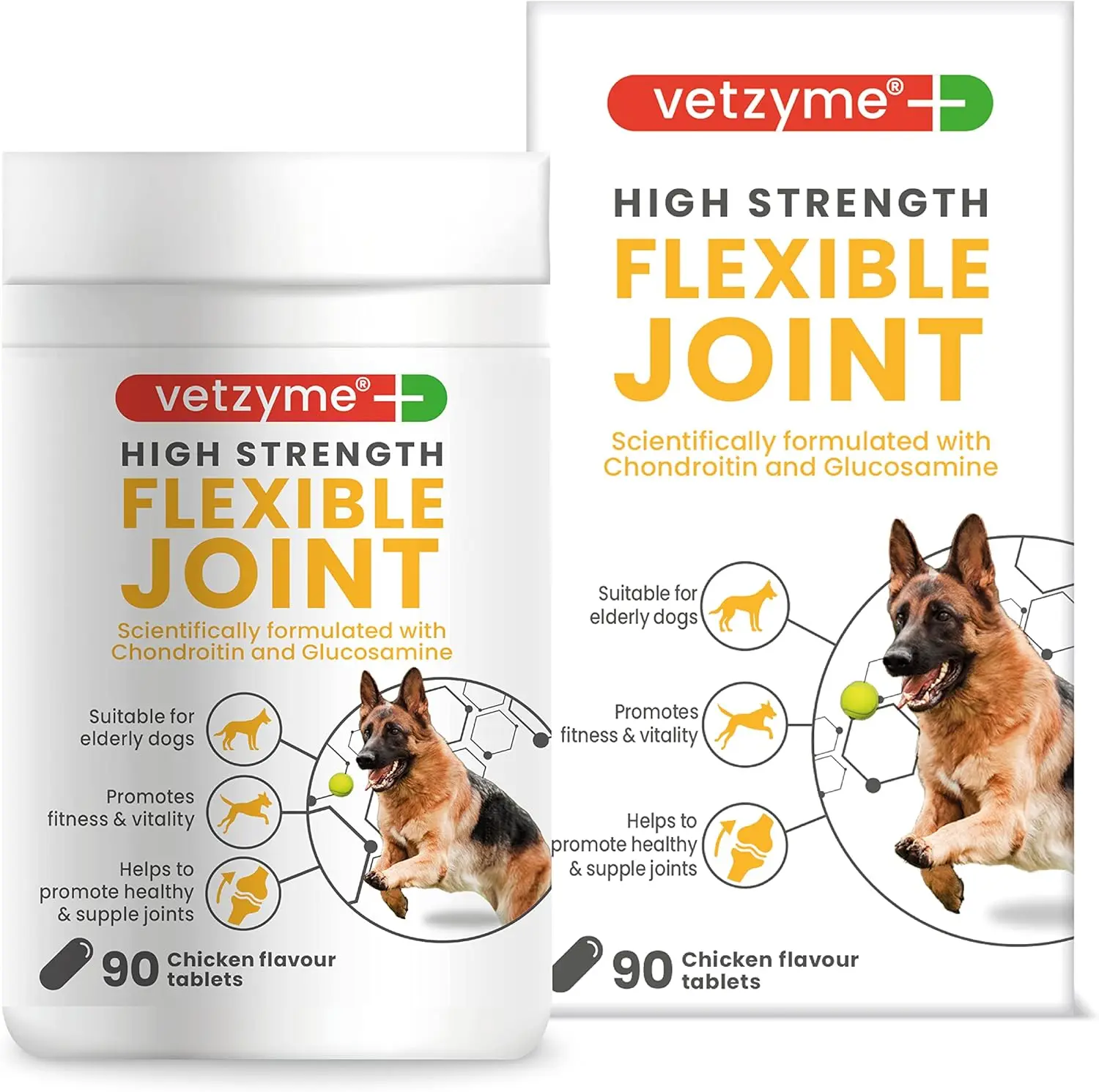 Vetzyme High Strength Flexible Joint Supplements for Senior Dogs (90 Tablets) - Hip and Joint Care with Chondroitin and Glucosamine, Tasty Chicken Flavour