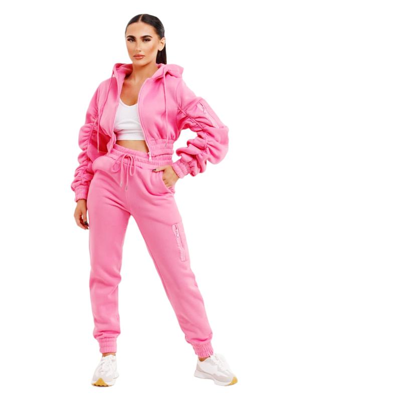Women's Crop Rushed Hooded Zip set Oversized 2 Piece Loungewear Tracksuit Co-Ord Joggers  Top Set Size 8-16 Comfort Long Sleeve Womenswear Breathable Casual Comfortable Fitness Pants Coat Drawstring Pockets Soft Stretchy  Trouser Fabric viral  lounge 7