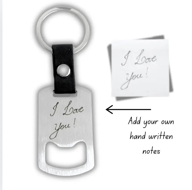 Personalised Bottle opener Keyring with Childs Drawing engraved, Actual Handwriting Custom Message Signature Keychain, Silver Engraved Gift 5