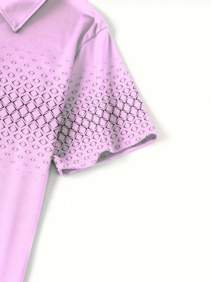 Product Introduction of Men'S Casual Short Sleeve Lapel Collar Shirt with Diamond Print, 100% Polyester Knit Fabric, Slight Stretch, Regular Fit, Spring/Fall Lapel Collar with Button Detail 12
