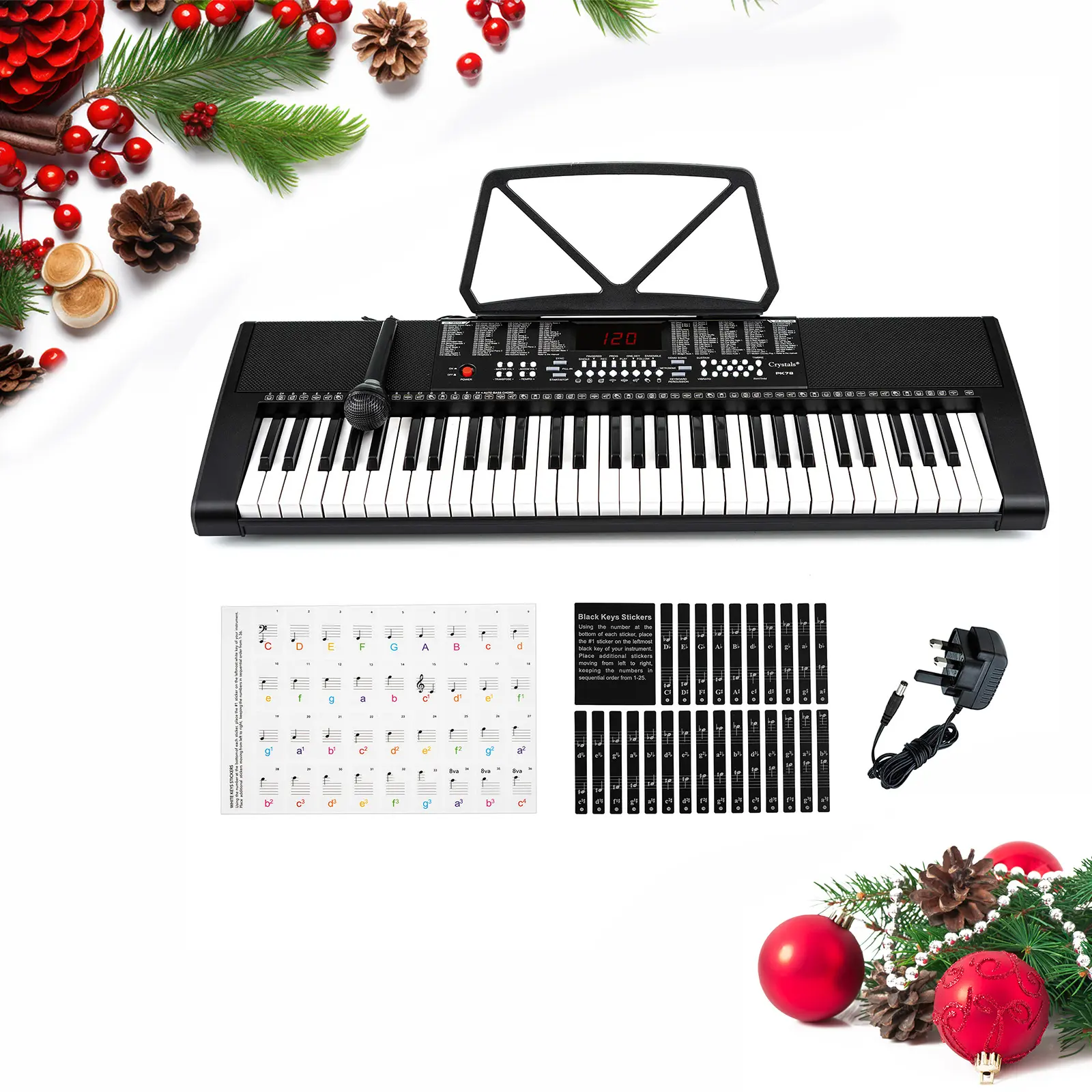 Crystals 61 Keys Electronic Lighted Keyboard Digital Music Instrument Piano & Microphone for Kids and Adults - Ideal Xmas New Year Gift